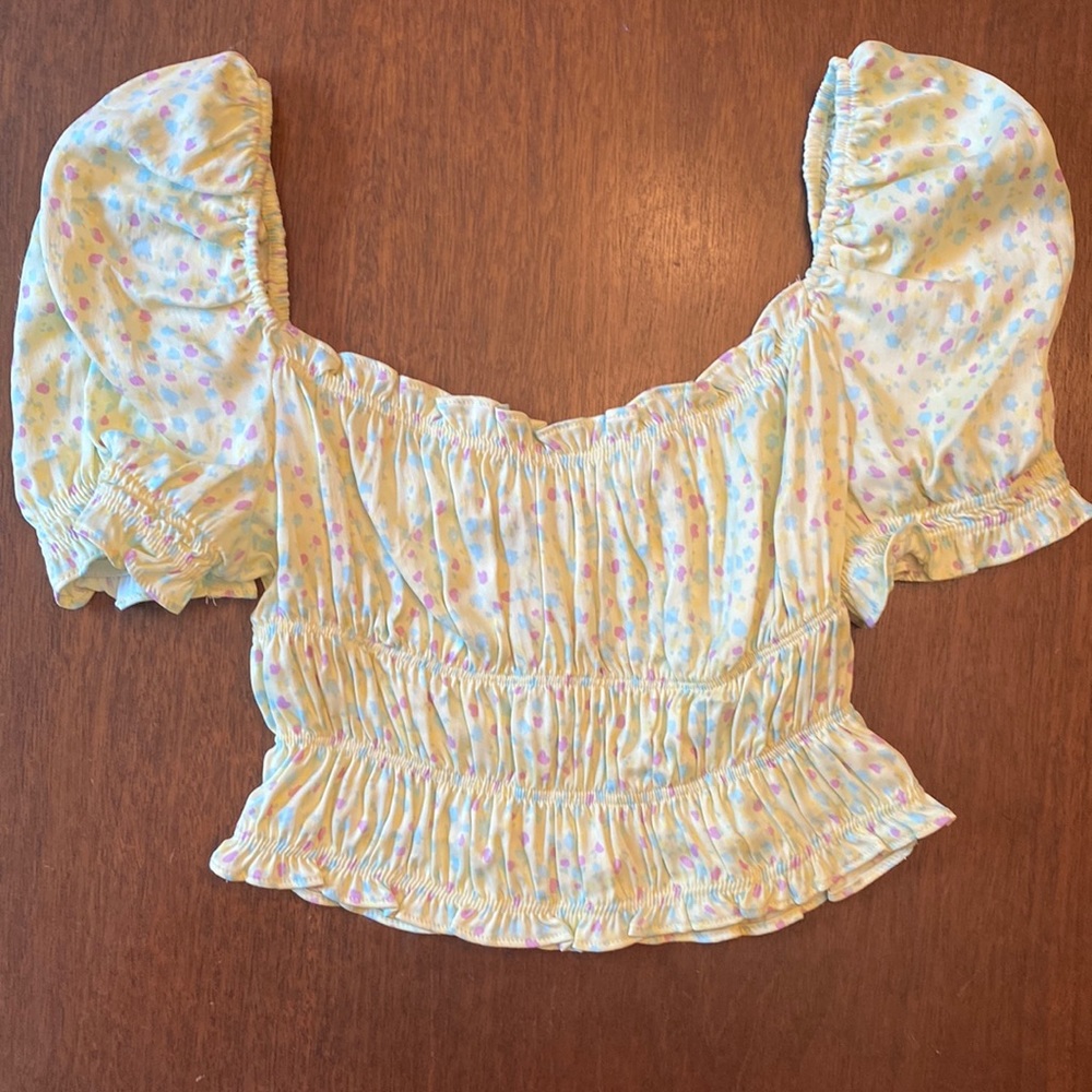 Zara small pink and light blue on light yellow gathered shirt